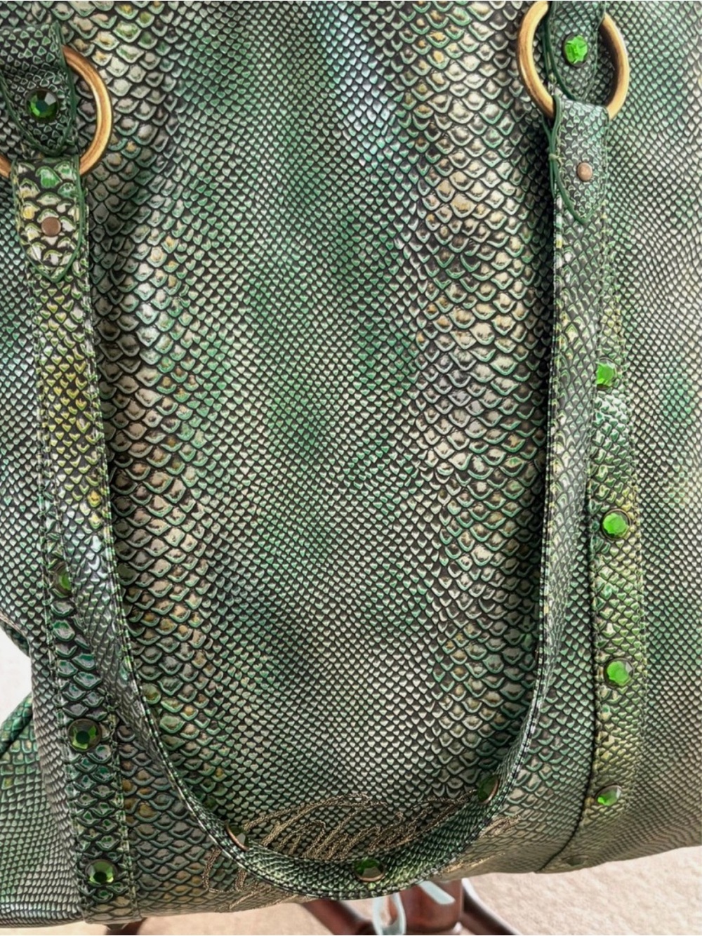 RARE Christian Audigier Emerald Metallic Snakeskin Tote Bag Rhinestone Y2K - Picture 5 of 8